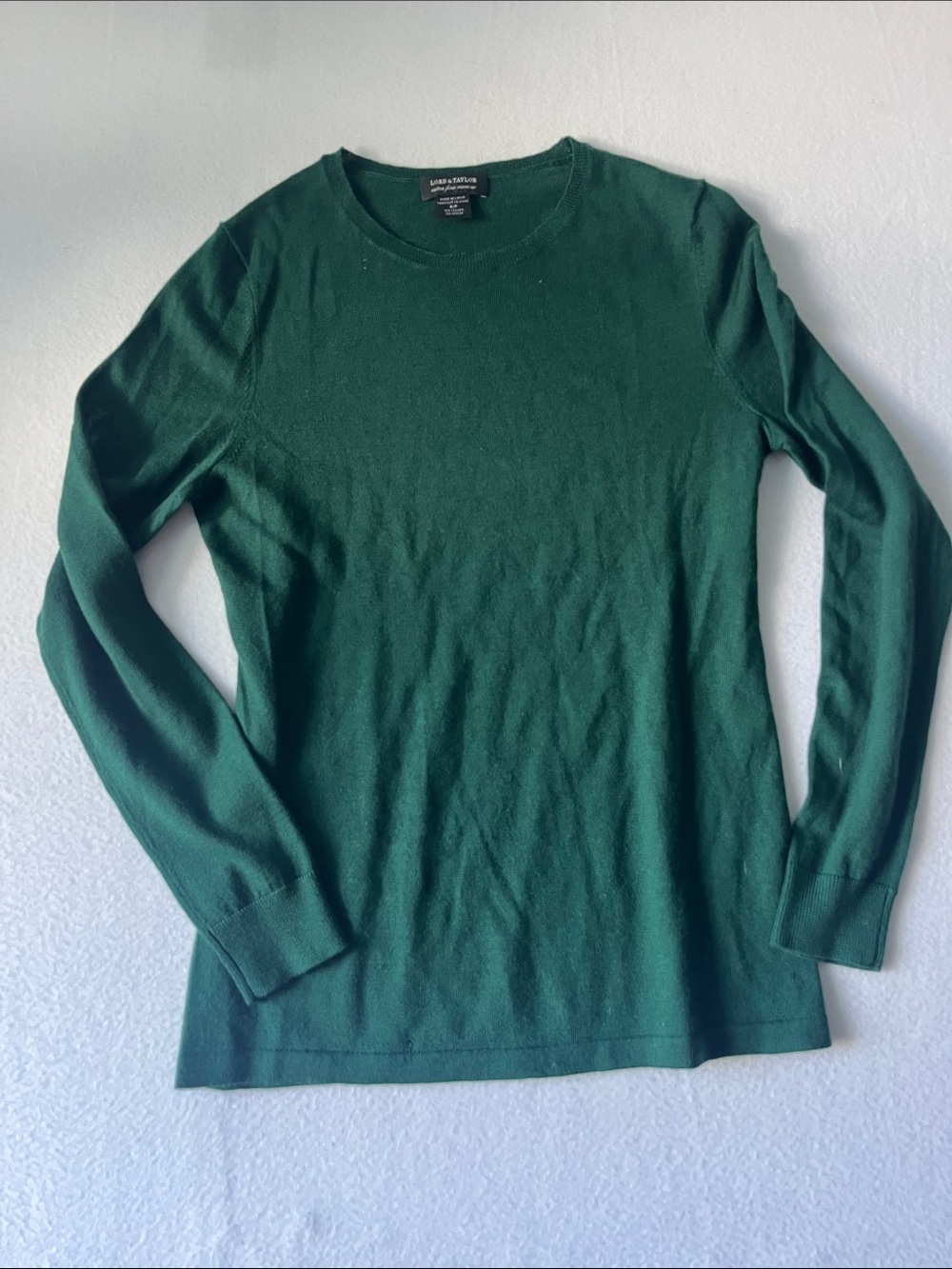Lord & Taylor Forest Green Long-Sleeve Extra Fine Merino Wool Crewneck Top